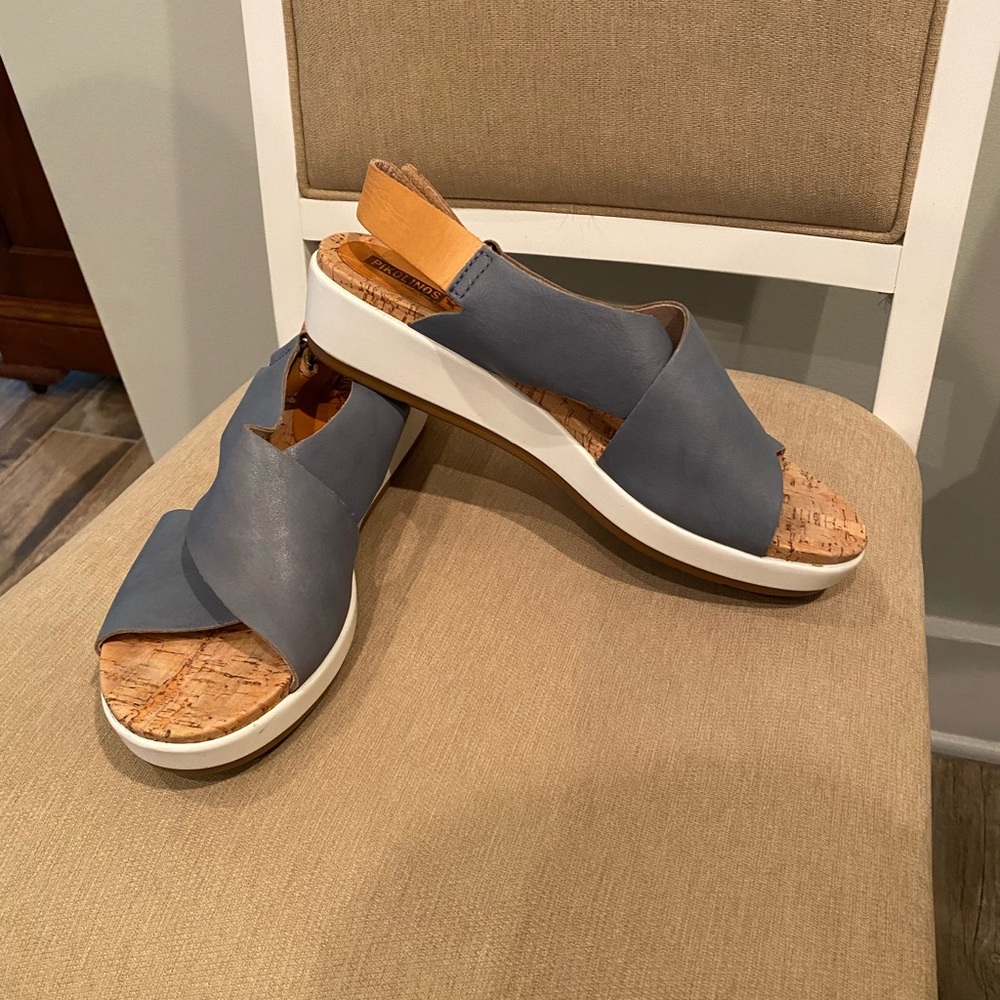 Pikolinos slate blue leather sandals with lightweight sole, cork footbed=COMFORT